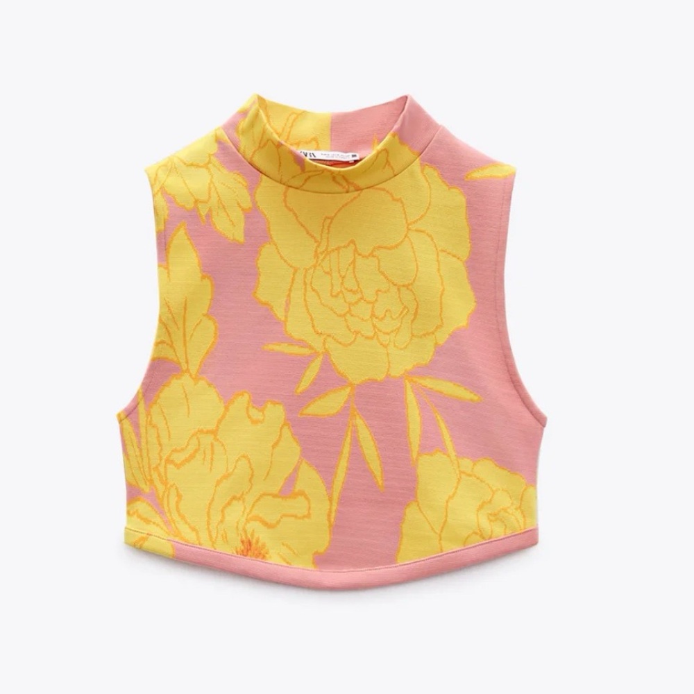 Zara NWT Floral Jacquard Mock Neck Crop Top in Peach Pink/Yellow Size Small - Picture 4 of 13